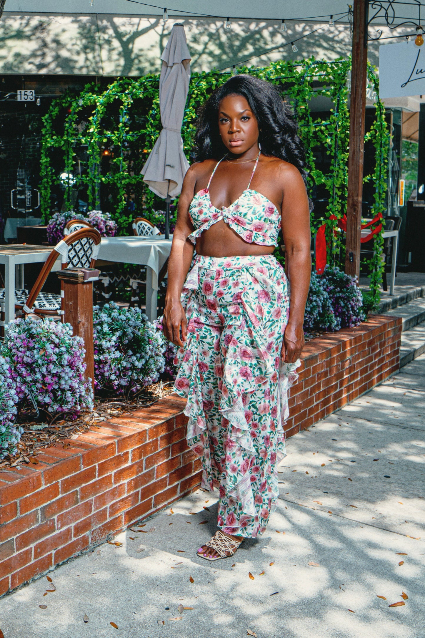 summer in st tropez outfit two piece floral pant set for travel