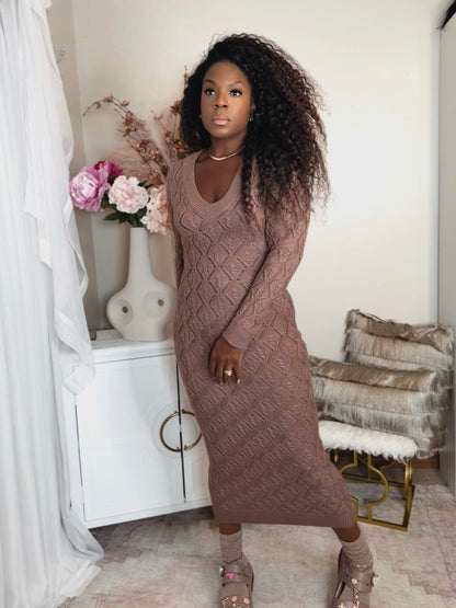Woman wearing brown body language cable knit dress in rich mocha front view
