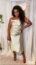 Load image into Gallery viewer, Don’t Sass Me midi slip dress in sage satin  like material with tie straps and side slit