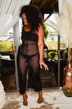 Load image into Gallery viewer, black crochet resort dress with side slit and fringe trim