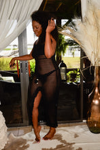 Load image into Gallery viewer, Black crochet dress with boho fringe hem detail