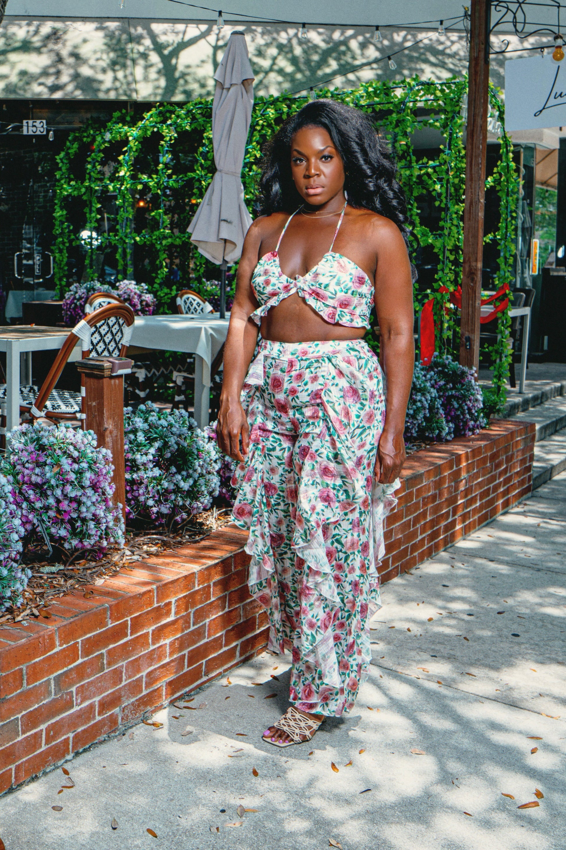 summer in st tropez outfit two piece floral pant set for travel