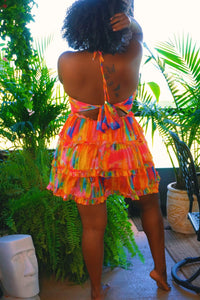 The Cabana Joan Plus Size Summer Sundress. Colorful with multicolor watercolor style pattern. This plus-size sundress is available in plus-size XL, 1X, 2X, 3X, 4X. 