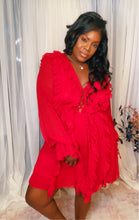Load image into Gallery viewer, Woman wearing a romantic date night dress called the Veronica chiffon ruffle dress with long sleeves.